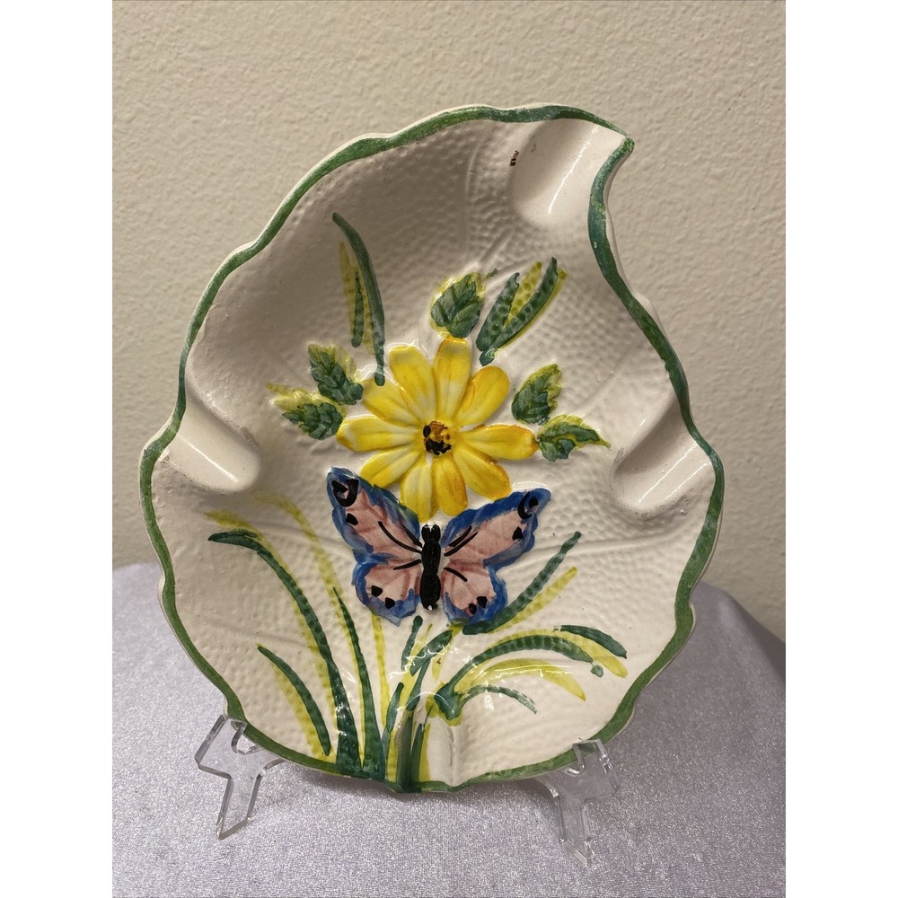 Ceramic Table Ashtray, Yellow Daisy Flower, Pink/Blue Butterfly Made In Brazil